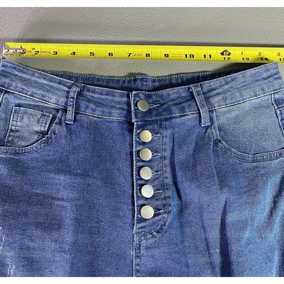 Womens Jeans Button Fly Distressed Cuffed Hem Cropped High Rise Denim Dark L - Picture 4 of 8